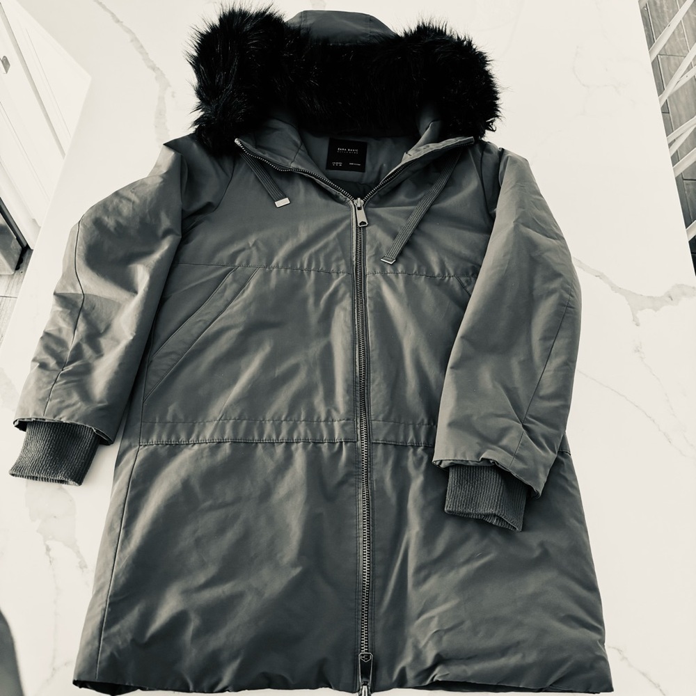 Zara Olive Green Basic Puffer with Black Faux Fur Hoodie Size M Coat